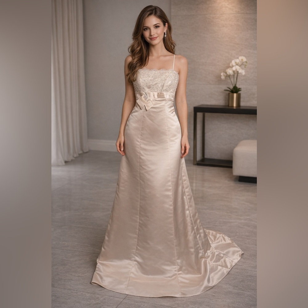 Champagne Satin & Lace Beaded Wedding Dress A-Line Elegant Ball Gown Classic